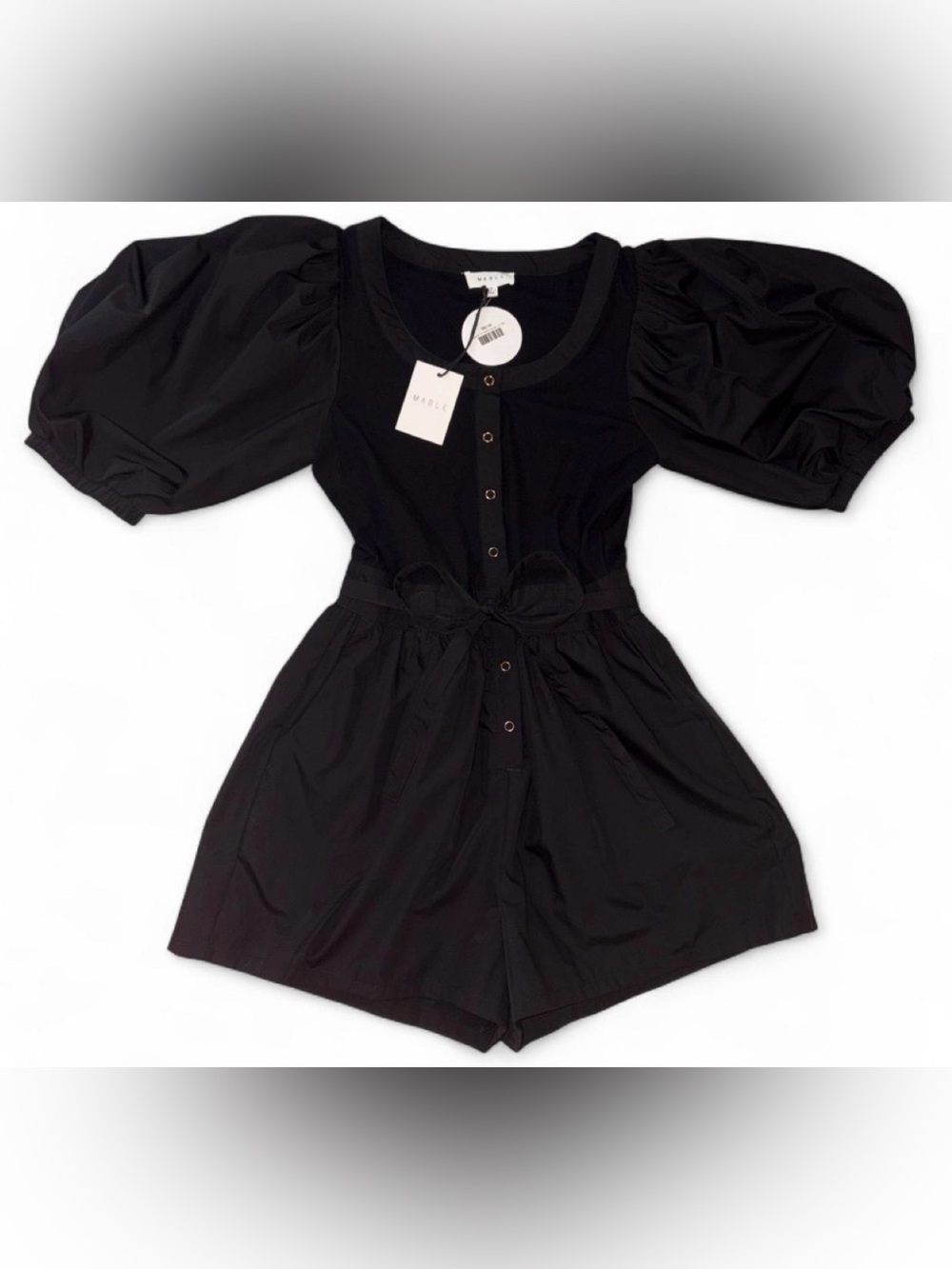 MARBLE Black Puff-Sleeve Romper with Self-Tie Belt